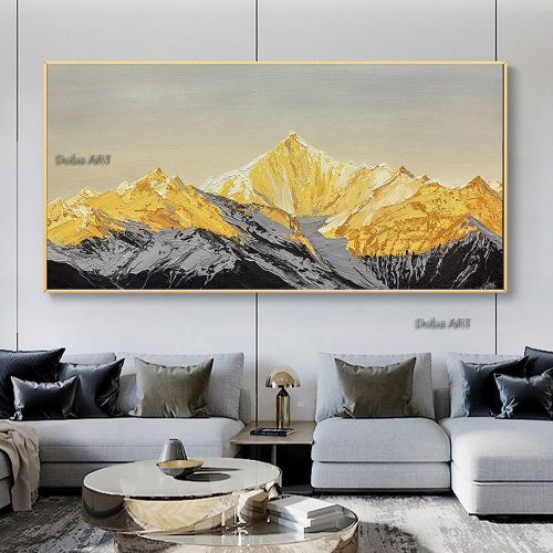 Handmade Original Golden and Snow Mountain Painting