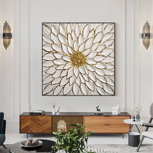 Handmade Oil Painting Original Blooming Flower Abstract Golden Art