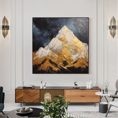 Hand Painted Oil Painting Abstract Mountain on Canvas, Gold Landscape