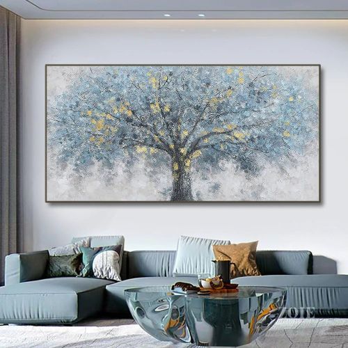 Hand Painted Oil Painting on Canvas Blue Abstract Trees Landscape