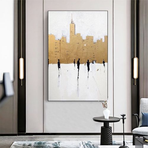 Hand Painted Oil Painting City Figure on Canvas, Abstract Gold Foil Art
